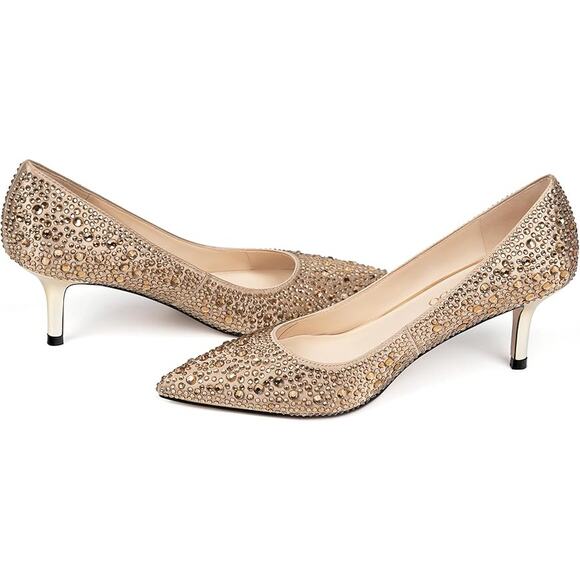 Justvindo Womens Size 8.5 Gold Satin Rhinestone 2.5" Heel Closed Point Toe Shoes - Picture 6 of 7